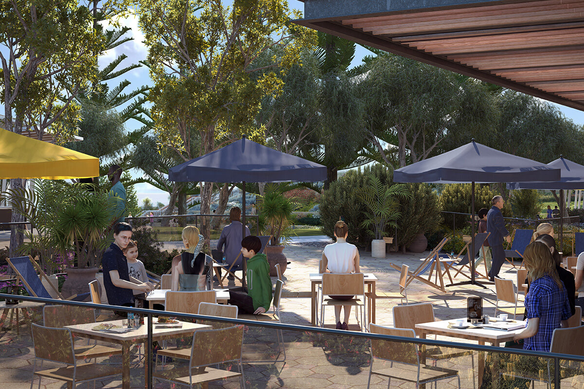 Outdoor dining area at new hotel overlooking Capricorn Beach.